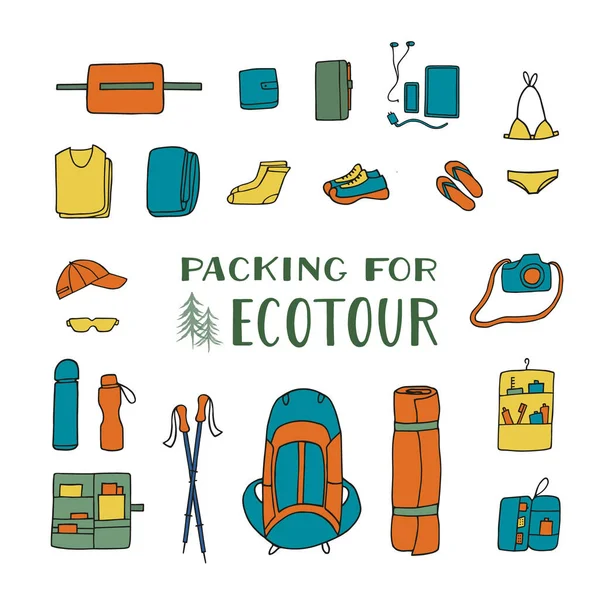 Set Vestiti Accessori Tour Eco Yoga Escursioni Trekking Illustrazione Colorata — Vettoriale Stock
