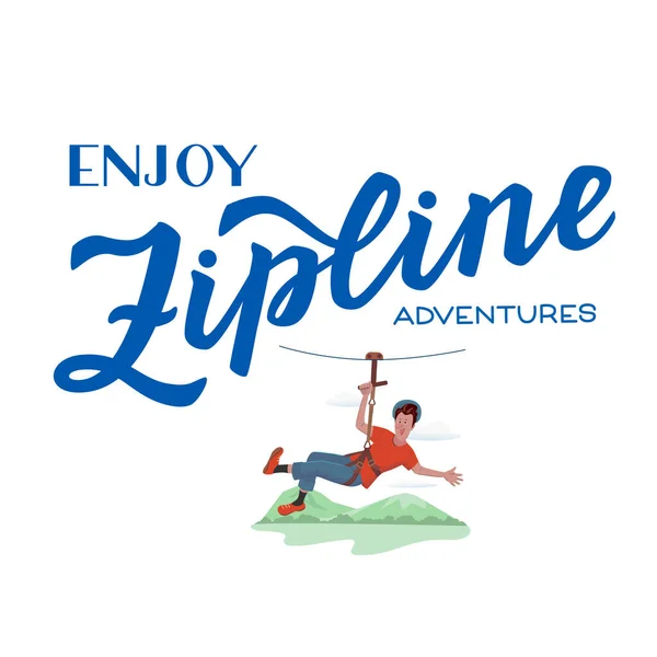 Logotipo Script Vetorial Desfrute Aventuras Zipline Com Ilustração Homem Alegre — Vetor de Stock