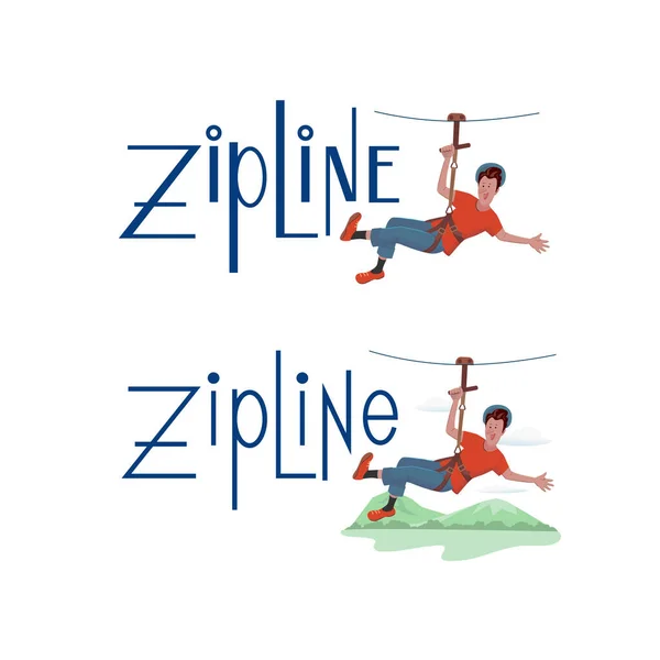 Vector Set Two Options Zipline Logo Illustration Cheerful Man Cartoon — Stock Vector