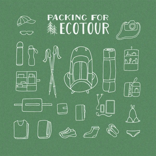 Set Vestiti Accessori Tour Eco Yoga Escursioni Trekking Illustrazione Disegnata — Vettoriale Stock