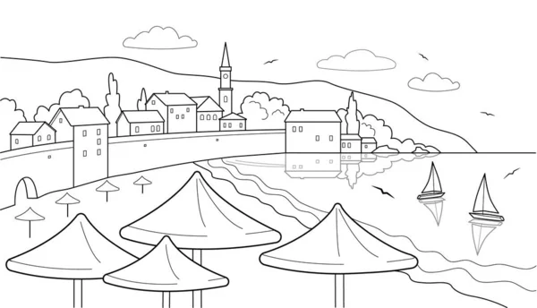 有游艇 房屋和海滩伞的海景 线条艺术风格的黑白风景画 — 图库矢量图片