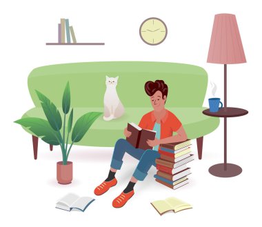 Neşeli adam evde oturma odasında yerde oturmuş kitap okuyordu. Çizgi film tarzında dokusu olan vektör illüstrasyonu.