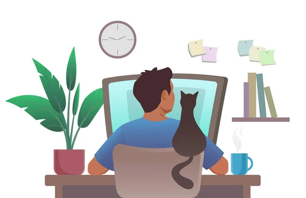 Člověk Pracuje Počítače Svém Pracovišti Kočka Sedí Opěradle Židle Vedle — Stockový vektor