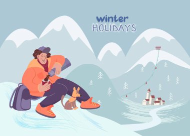 Sırt çantalı bir adam bir dağ kazmasına oturur ve sıcak çay ya da kahve içer. Elle çizilmiş düz şekilli vektör renkli kış çizimi.