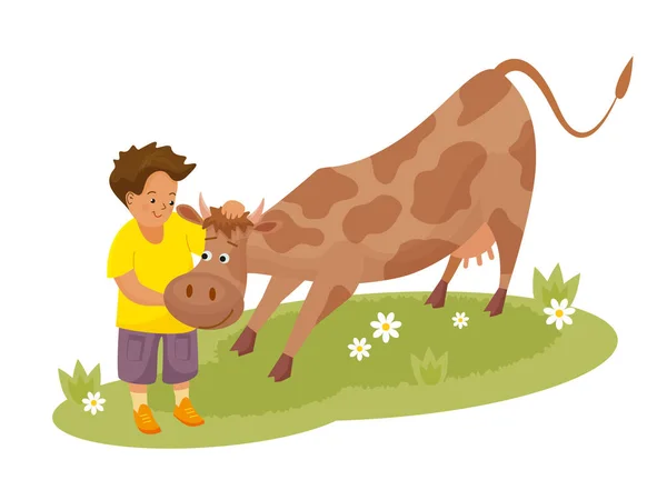 Lindo Chico Acaricia Abraza Vaca Ilustración Aislada Vectorial Estilo Plano — Vector de stock