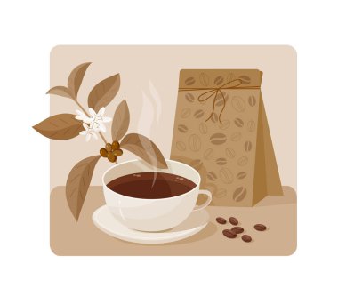 Bir fincan kahve, ambalaj ve bir kahve ağacı dalıyla vektör monokrom çizimi.