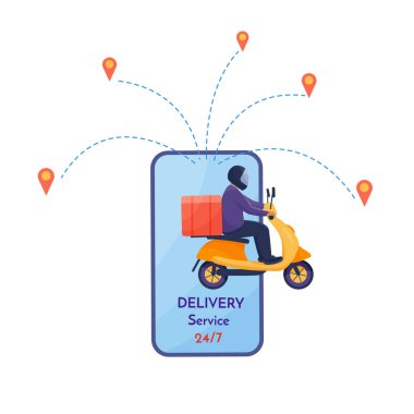 Teslimat servisi posteri. Scooter ve akıllı telefondan kurye. Düz biçimli vektör renkli izole edilmiş illüstrasyon.