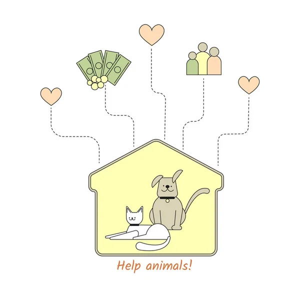 Cão Gato Sem Abrigo Abrigo Ajuda Aos Animais Forma Doações — Vetor de Stock