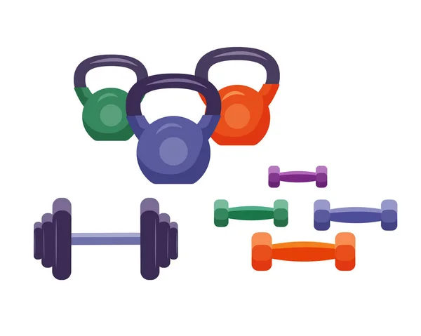 Set Kettlebells Und Kurzhanteln Vektor Bunte Isolierte Illustration Flachem Stil — Stockvektor