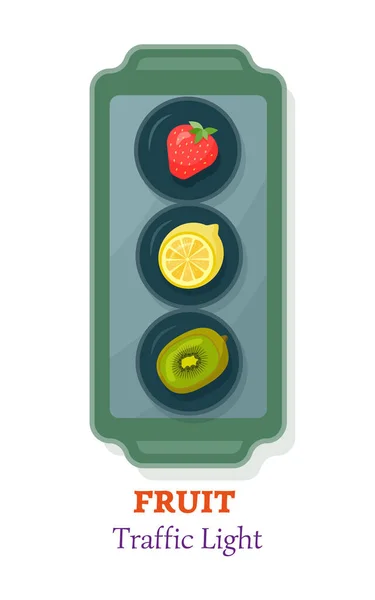 トラフィックライトとして様式化されたフルーツトレイ イチゴ レモン キウイグリーンライト ベクトル分離されたフラットスタイルのカラフルなイラスト — ストックベクタ
