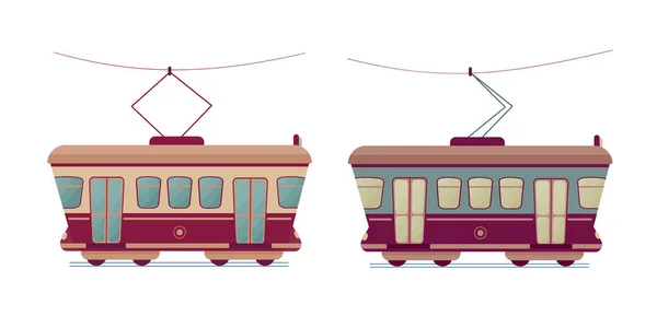 Set Aus Zwei Cartoon Retro Straßenbahnen Vektor Bunte Isolierte Illustration — Stockvektor