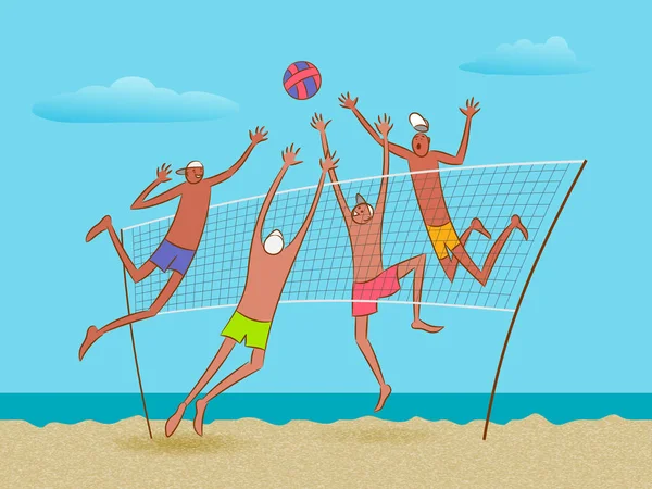 Пляжный Волейбол Мультфильм Волейболисты Ловят Мяч Пляже Векторная Иллюстрация — стоковый вектор