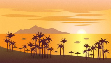 Gün batımında palmiye ağaçları, ada ve teknelerle deniz manzarası. Kumlu desenli vektör illüstrasyon arkaplanı.