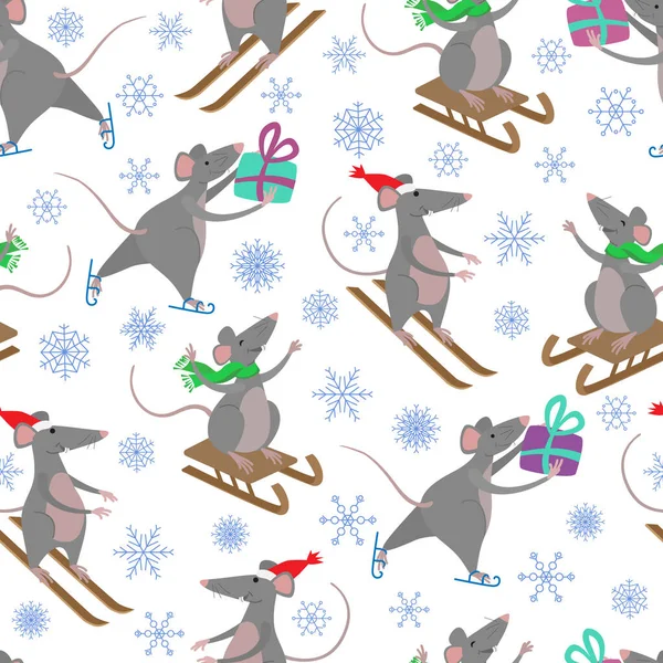 Zimní Bezproblémový Vzor Tří Vtipných Vánočních Krys Sněhovými Vločkami Krysy — Stockový vektor