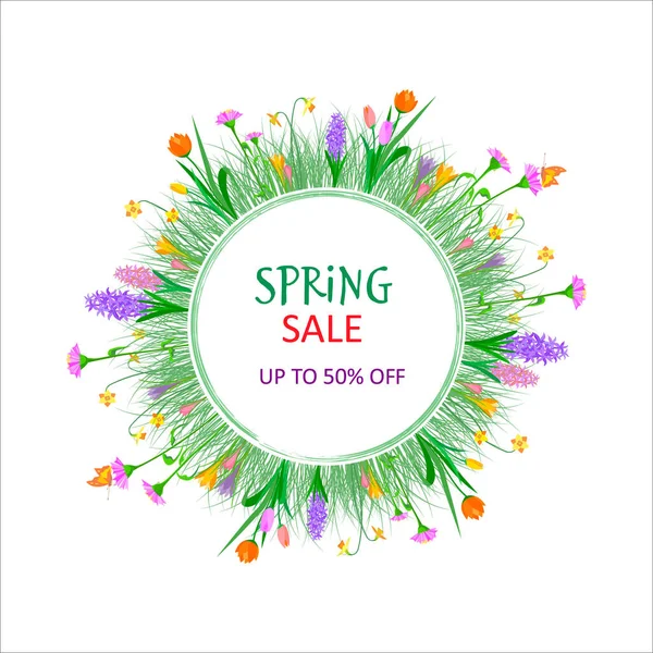 Bahar çiçekleri ile dairesel sınır: sümbül, lale, crocus, narcissus, harflerle zinnia. Beyaz arka planda düz stil vektör illüstrasyonu. Kartlar, kartpostallar, davetiyeler, satış,.
