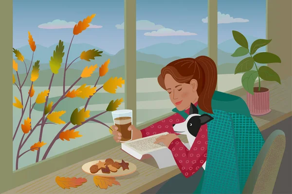 犬を連れたかわいい女の子が本を読み 窓の横にあるコーヒー席を飲みます 窓の外には黄色の葉を持つ山や木がある絵の秋の風景があります — ストックベクタ