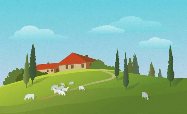 Paysage Estival Ensoleillé Avec Colline Verdoyante Vieilles Maisons Cyprès Moutons — Image vectorielle