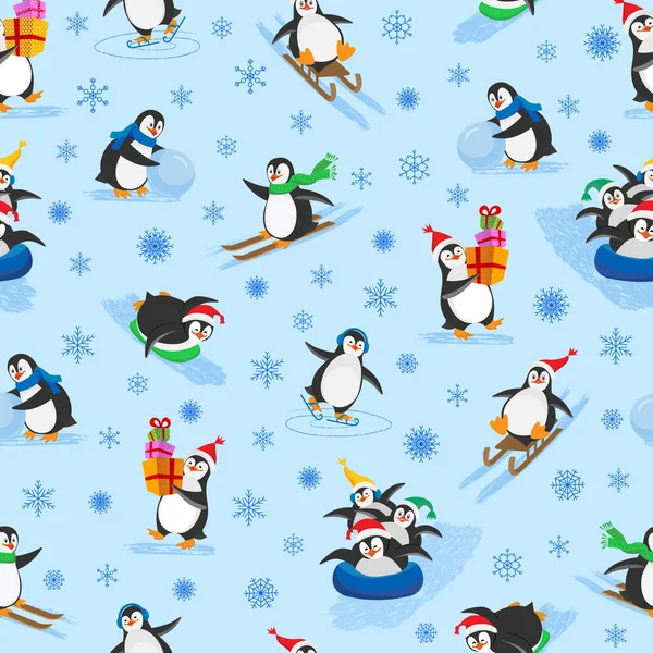 Kar taneli yedi komik Noel pengueninin kışın pürüzsüz deseni. Penguenler paten, kayak, kızak, tüp, kartopu, kutu hediyeler. Düz biçimli vektör illüstrasyonu.