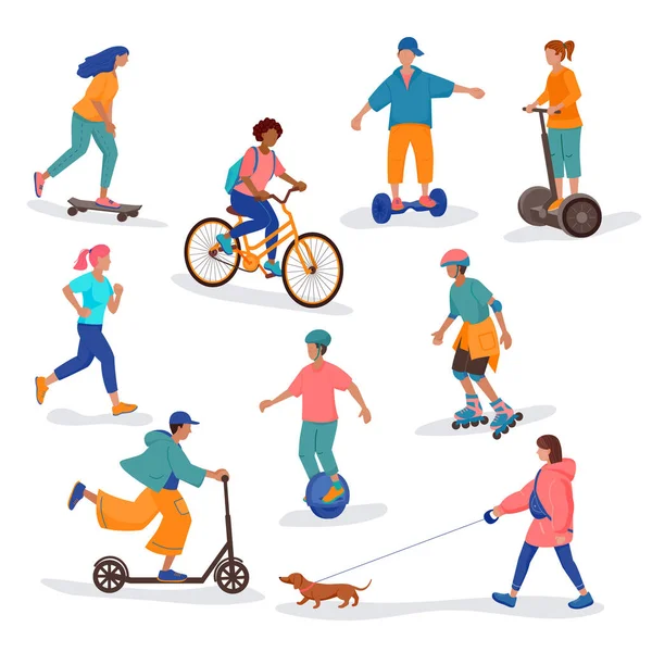 Erkekler ve kızlar açık hava aktivitelerine, yürüyüşe, köpeğe, patene, kaykaya, bisiklete, elektrikli scooter, tek tekerlekli bisiklete, uçan kaykaya giderler. Bir dizi düz çizgi film vektörü izole edilmiş çizimler.