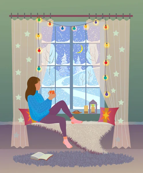 Chica Sienta Junto Ventana Decorada Navidad Con Una Taza Bebida — Archivo Imágenes Vectoriales