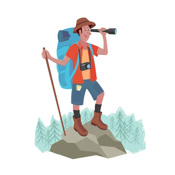 Cheerful Traveler Man Big Backpack Stands Mountain Looks Telescope Vector — Stock Vector