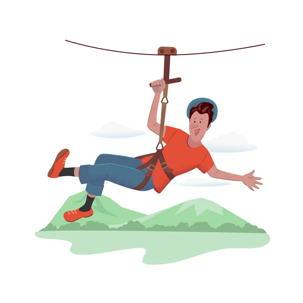 Веселый Человек Спускается Веревке Аттракцион Zipline Векторная Изолированная Иллюстрация Текстурой — стоковый вектор