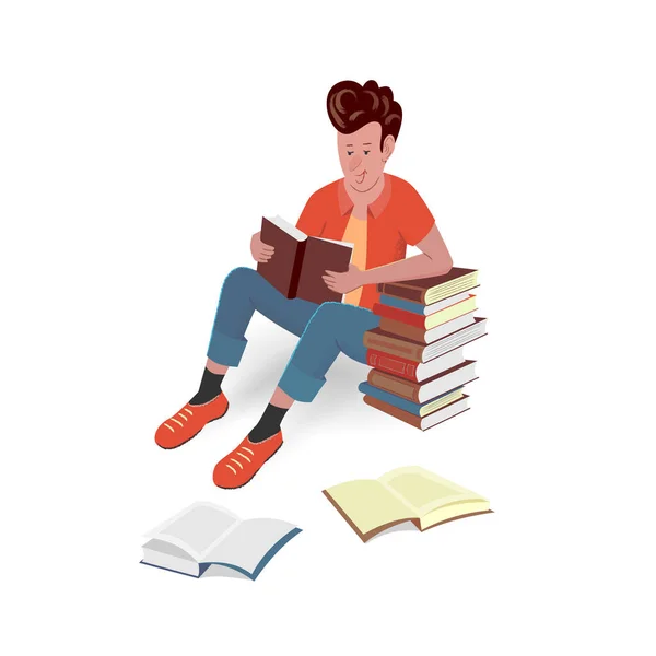 Neşeli adam yerde oturmuş bir kitap okuyor. Çizgi film tarzında izole edilmiş vektör çizimi.