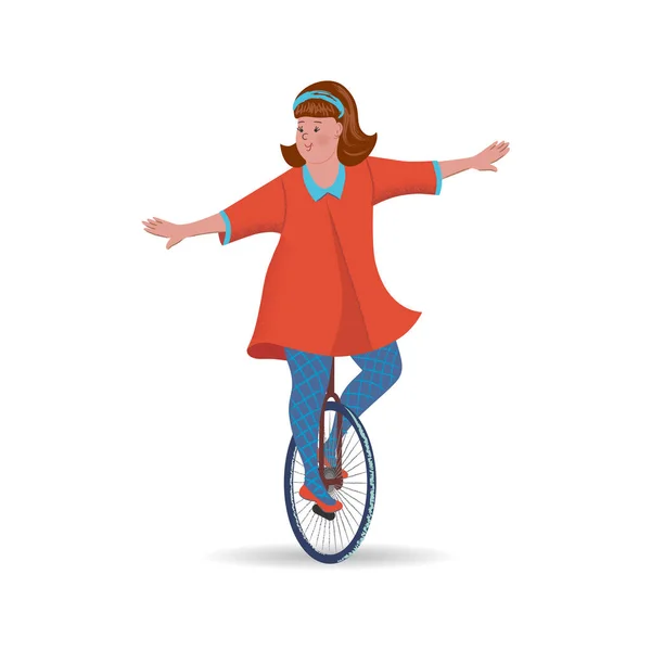 Веселая Милая Девушка Едет Одноколесном Велосипеде Векторная Изолированная Иллюстрация Текстурой — стоковый вектор