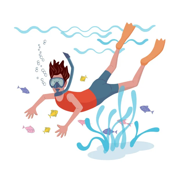 Pria Bertopeng Ceria Berenang Bawah Air Menggunakan Snorkel Vektor Diisolasi - Stok Vektor