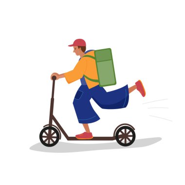 Çocuk scooter 'a biniyor. Düz çizgi film vektörü izole çizimi