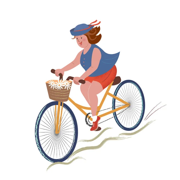 Cheerful Cute Girl Riding Bicycle Speed Vector Isolated Illustration Texture — Stock Vector