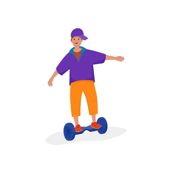 Jongen Rijdt Een Hoverboard Platte Cartoon Vector Geïsoleerde Illustratie — Stockvector