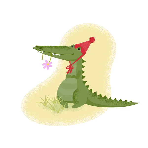 Funny Cartoon Crocodile Red Hat Pink Flower His Teeth Isolated — Stock Vector