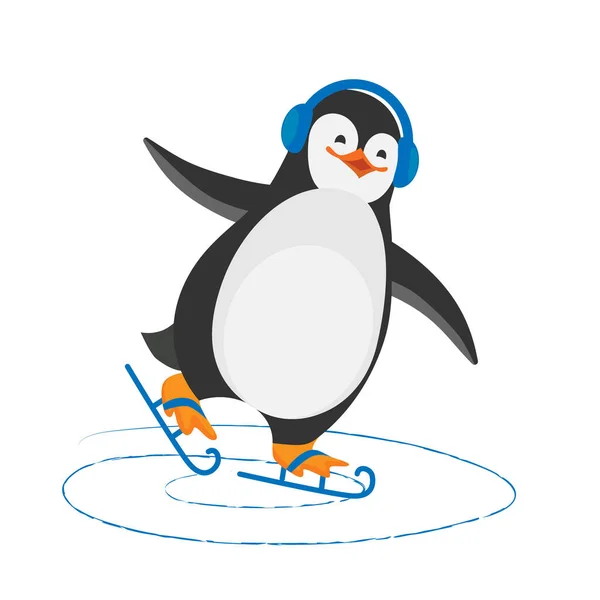 Stok vektörü düz komik çizgi film Noel pengueni buzda kayıyor. Vektör izole görüntü.