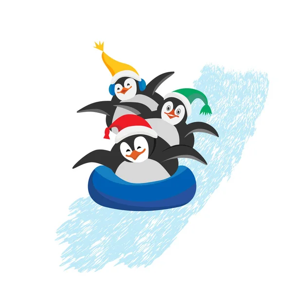 Три Веселых Рождественских Пингвина Спускаются Вниз Снежному Холму Плоский Векторный — стоковый вектор