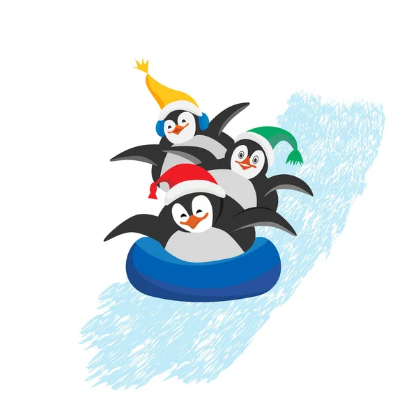 Üç komik Noel pengueni kar tepesinden aşağı tüp açıyorlar. Düz vektör karikatür çizimi. Kartpostal, poster, tebrik kartı gibi şeyler olarak kullanılabilir..