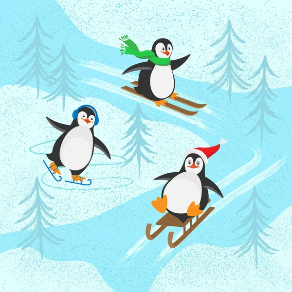 Üç komik Noel pengueni kış tepelerinden kayak, kayak ve kızakla kayıyor. Düz Vektör karikatür çizimi. Kartpostal, poster, tebrik kartı olarak kullanılabilir..