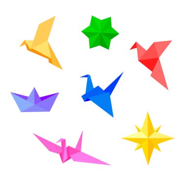 Origami. Renkli kağıt figürler, yıldızlar, kuşlar, gemiler..