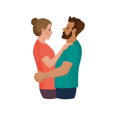 İki aşık erkek ve kadın birbirlerine şefkatle bakıyorlar. Doku ile izole edilmiş vektör çizimi. Aziz Valentine şöleni için çizgi film karakterleri