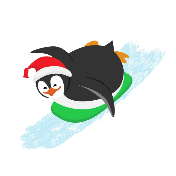有趣的是 圣诞企鹅滑落在冬季的山丘上 平面矢量漫画孤立的例证 可用于明信片 — 图库矢量图片