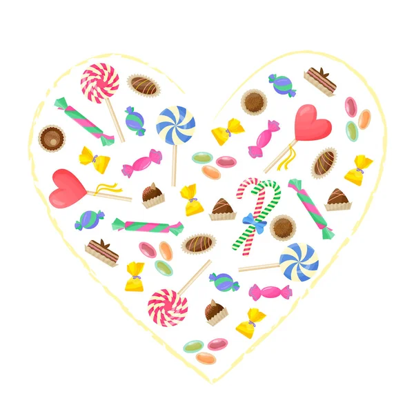 Композиція форми серця з цукерками — стоковий вектор