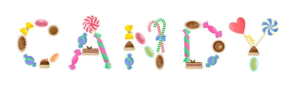 Candy Lettering Composition Caramel Brown Chocolate Candies Vector Color Isolated — Διανυσματικό Αρχείο