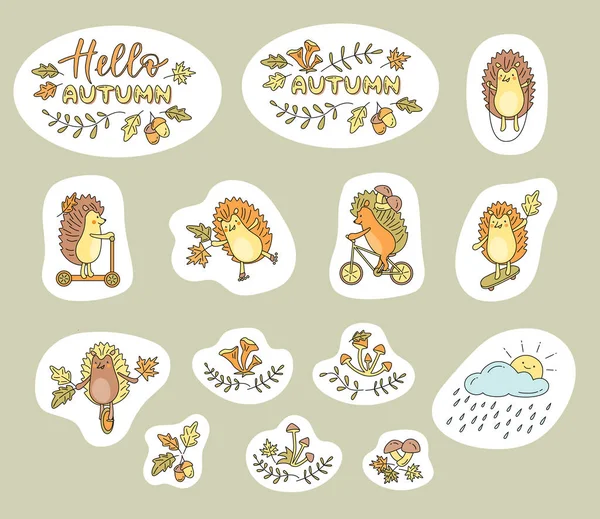 Set Van Stickers Met Egels Herfst Elementen Vector Kleurenillustratie Outline — Stockvector