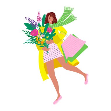 Alışveriş torbaları ve çiçeklerle gülümseyen bahar kadını. Renkli vektör düz biçimli izole edilmiş illüstrasyon.