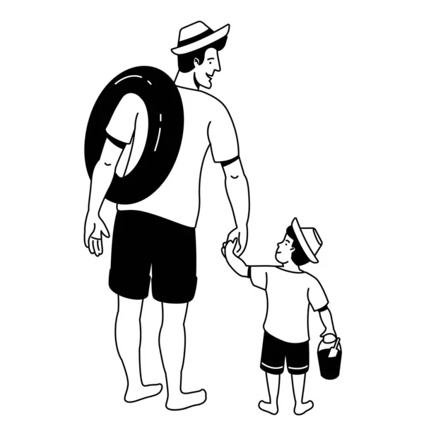 Père Avec Petit Fils Sur Plage Illustration Vectorielle Style Contour — Image vectorielle