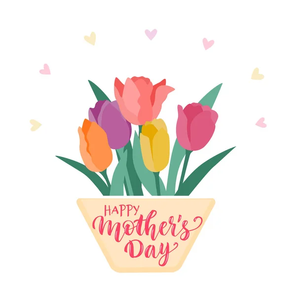 Bouquet Multicolored Tulips Pot Vector Illustration Lettering Happy Mother Day — Stock Vector