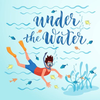 Maskeli neşeli adam bir şnorkel kullanarak suyun altında yüzüyor. Harflerle vektör illüstrasyonu