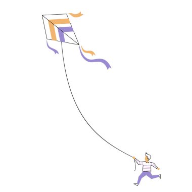 Uçurtma uçuran çocuk. Düz çizgi sanat tarzında izole edilmiş renk illüstrasyonuName 