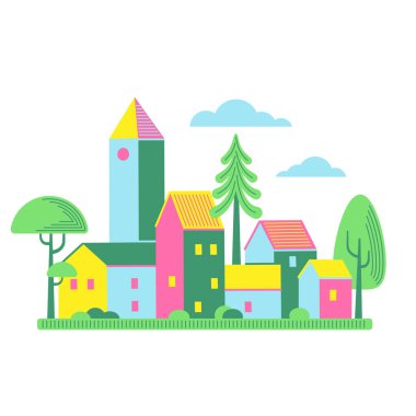 Basit düz geometrik şekilli çizgi desenli parlak renkli evler. Beyaz arkaplanda izole edilmiş vektör illüstrasyonu