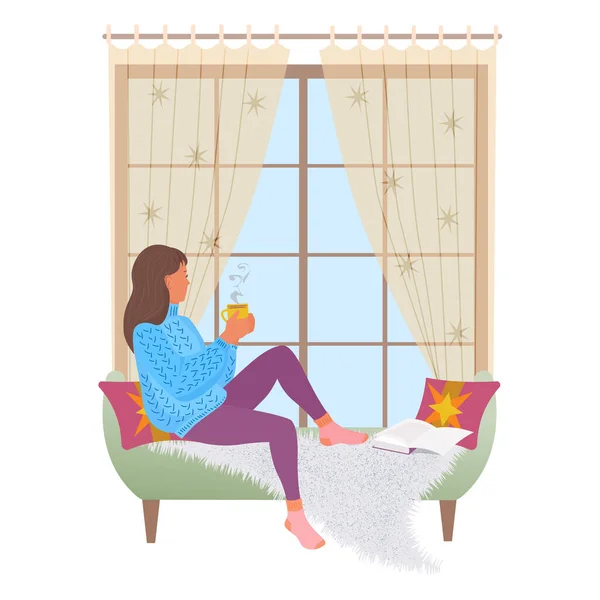 女の子は熱い飲み物を飲みながら窓のそばに座っている 白い背景のベクトル分離イラスト — ストックベクタ